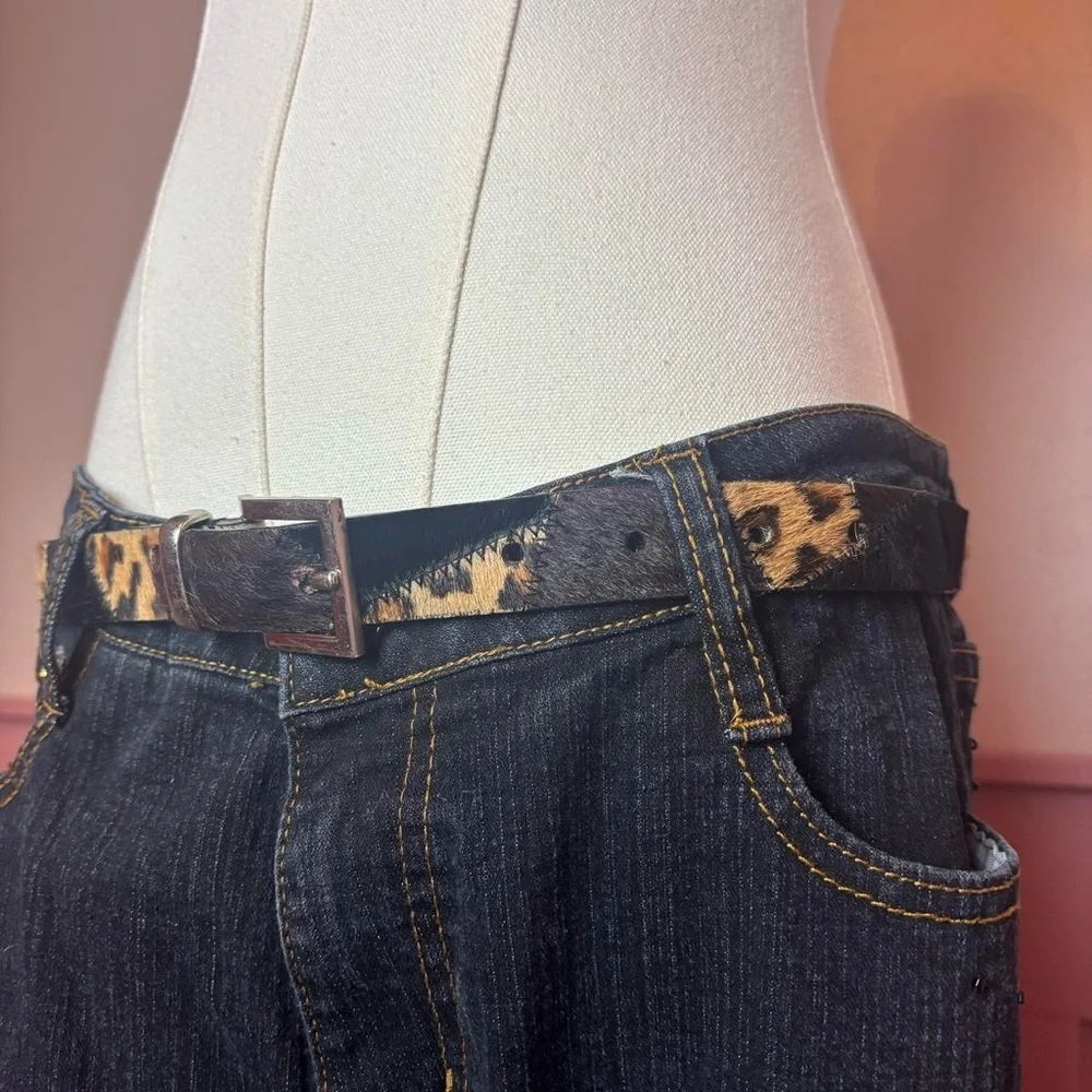 vtg patchwork pony hair western cheetah belt brown black tan silver